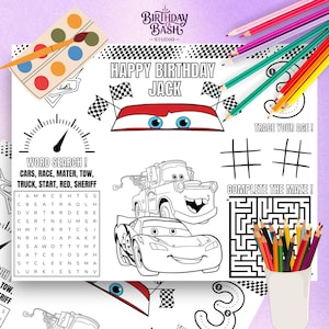 May include: A printable activity sheet featuring a race car theme with the text Happy Birthday Jack, a word search, a maze, and trace your age activity. The sheet includes black and white line art of two cartoon cars, checkered flags, and colored pencils.