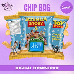 Etichetta per sacchetto di patatine a tema Toy Story, bomboniera per feste di compleanno per bambini.