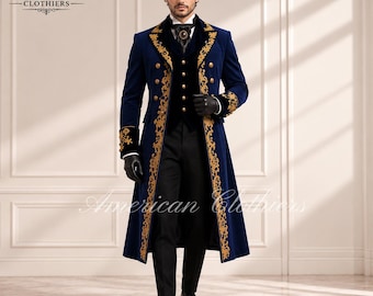 Casaco masculino azul royal vitoriano, fraque estilo Regência, casaca gótica bordada, casaco militar para casamento, jaqueta steampunk, traje de noivo