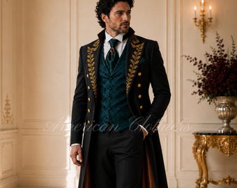 Traje de frac victoriano de lujo, abrigo de boda negro bordado, chaleco verde esmeralda, ropa formal de la época de la Regencia, frac gótico para novio