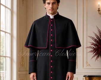 Black Roman Catholic Cassock with Fuchsia Trim, Bishop Cassock with Pellegrina, Catholic Clergy Robe, Handmade Liturgical Vestment