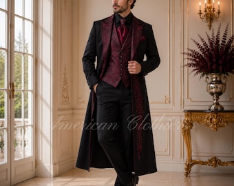 Men's Black Victorian Tailcoat Suit, Burgundy Embroidered Regency Wedding Suit, Gothic Groom Formal Tuxedo, Custom Three Piece Suit