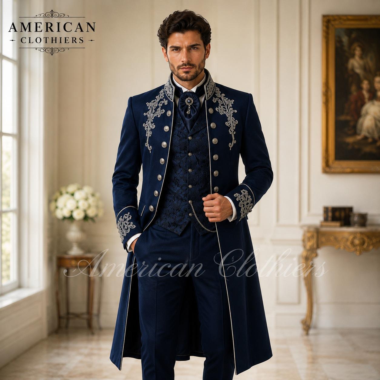 Men's Royal Blue Victorian Tailcoat Suit, Silver Embroidered Prince Coat, Regency Wedding Suit, Gothic Groom Outfit, Bespoke Formal Wear