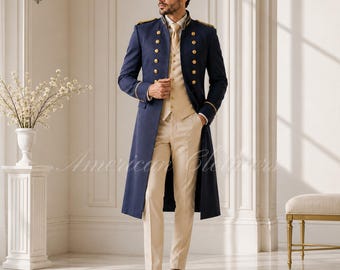 Men's Navy Military Tailcoat Suit, Regency Formal Coat, Victorian Wedding Outfit, Officer Frock Coat, Handmade Custom Suit