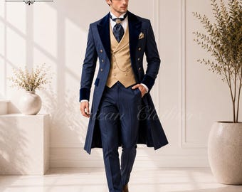 May include: A navy blue double-breasted long coat with velvet lapels and cuffs, paired with a tan vest, white shirt, patterned navy tie, and navy trousers. The text AMERICAN CLOTHIERS is visible in the top left corner of the image.