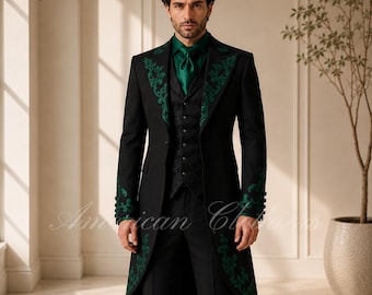 Herren schwarzer viktorianischer Frackanzug, grüner bestickter Regency-Anzug, gotischer Hochzeitsmantel, Prinz-formales Outfit, benutzerdefinierter Frack