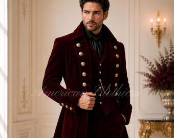 Men's Burgundy Velvet Victorian Suit, Gothic Wedding Tailcoat, Regency Coat, Vampire Groom Outfit, Custom Formal Velvet Suit