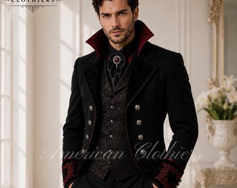 Black Velvet Regency Tailcoat, Gothic Prince Coat, Burgundy Satin Lined Victorian Wedding Suit, Handmade Bespoke Outfit