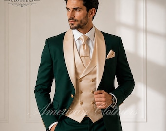 Terno de casamento verde esmeralda masculino, smoking verde, terno de noivo de três peças, smoking marfim com lapela xale, terno formal para baile de formatura, feito sob medida