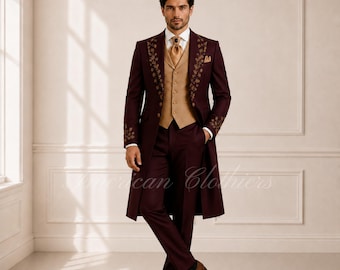 Men's Burgundy Victorian Tailcoat Suit, Embroidered Wedding Tuxedo, Three Piece Formal Suit, Groom Suit, Regency Frock Coat, Custom Made