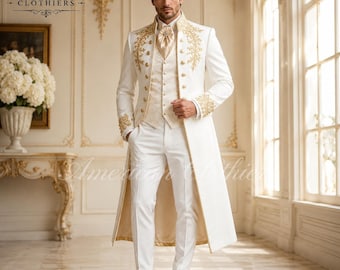 Men's White Victorian Tailcoat Suit, Gold Embroidered Prince Coat, Regency Wedding Suit, Royal Groom Outfit, Bespoke Formal Wear