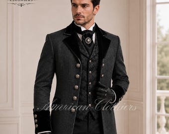 Redingote victorienne gris anthracite, garniture en velours noir, queue-de-pie gothique, tenue de marié