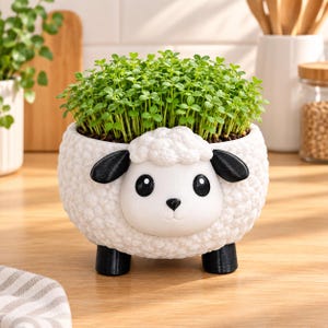 Peut inclure: Un pot de fleurs en forme de mouton blanc avec une surface texturée imitant la laine, des oreilles noires et des pieds noirs. Le pot est rempli d'une touffe dense de micro-pousses vert vif, formant un sommet arrondi rappelant la toison.