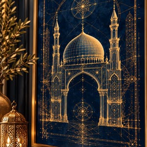 Op de afbeelding: Een ingelijst kunstwerk aan de muur met een gouden lijntekening van een moskee met een centrale koepel en twee minaretten tegen een diepblauwe achtergrond, geaccentueerd met geometrische sterpatronen en architecturale rasterlijnen.