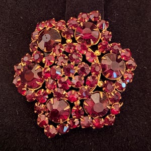 Könnte beinhalten: Eine blumenförmige Brosche mit zahlreichen tiefroten, facettierten Strasssteinen in einer goldfarbenen Metallfassung. Das Design besteht aus mehreren großen runden Steinen, die von Gruppen kleinerer runder Steine umgeben sind.