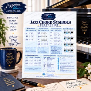 Könnte beinhalten: Ein Jazz-Akkordsymbol-Spickzettel für Klavierspieler mit Spalten für Grundakkorde, Septakkorde, Erweiterungen und Klavierbeispielen. Das weiße Dokument mit blauem Text und Tabellen liegt neben einer dunkelblauen Tasse und einem schwarzen Stift.