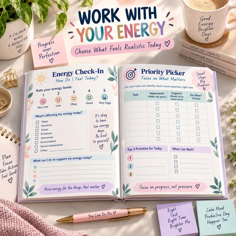 Op de afbeelding: Een open planner met een energie-check-in pagina met een stemmingsschaal en een prioriteiten-keuzepagina met takenlijsten. De pagina's bevatten tekst zoals Work With Your Energy, Energy Check-In en Priority Picker, omringd door diverse kantoorartikelen.