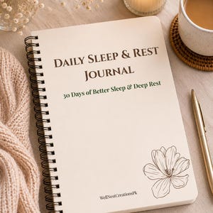 Könnte beinhalten: Ein spiralgebundenes Journal mit cremefarbenem Einband, das den Text "DAILY SLEEP & REST JOURNAL" und "30 Days of Better Sleep & Deep Rest" in Dunkelbraun und Grün sowie eine Strichzeichnung einer Blume und den Text "WellNestCreationsPk" zeigt.