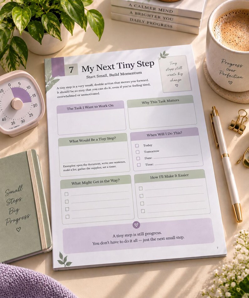 May include: A white paper planning sheet titled My Next Tiny Step with sections for task planning, including boxes for The Task I Want to Work On, Why This Task Matters, What Would Be a Tiny Step, When Will I Do This, What Might Get in the Way, and How I'll Make It Easier.