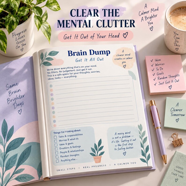 Op de afbeelding: Een open planner met een Brain Dump-pagina met gelinieerde secties, selectievakjes en botanische illustraties. De pagina bevat tekst zoals Clear the Mental Clutter, Get It All Out en Things I'm thinking about, samen met een pen en notitieblaadjes.