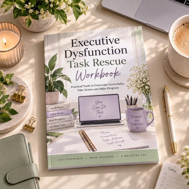 May include: A workbook titled Executive Dysfunction Task Rescue Workbook with a cover featuring a laptop, a mug, and a stack of books. The text reads: Practical Tools to Overcome Overwhelm, Take Action and Make Progress. The bottom banner says: LESS OVERWHELM &bull; MORE PROGRESS &bull; A BRIGHTER YOU.