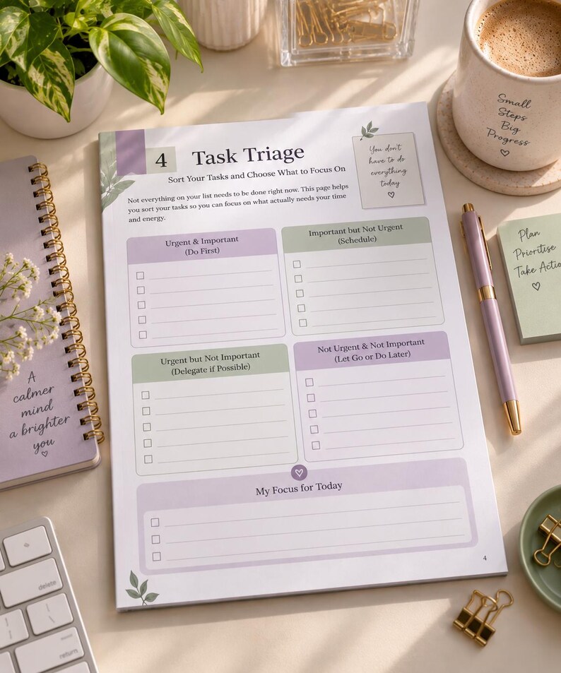 May include: A Task Triage planning sheet with four quadrants labelled Urgent & Important, Important but Not Urgent, Urgent but Not Important, and Not Urgent & Not Important, plus a My Focus for Today section, all printed on white paper with purple accents.