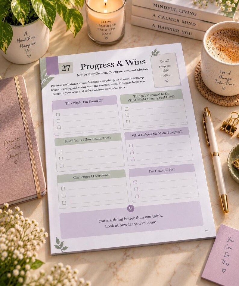 May include: A white paper planner page titled Progress & Wins with sections for tracking weekly accomplishments, small wins, challenges overcome, and gratitude. The layout features soft purple and green accents, checkboxes, and motivational text.
