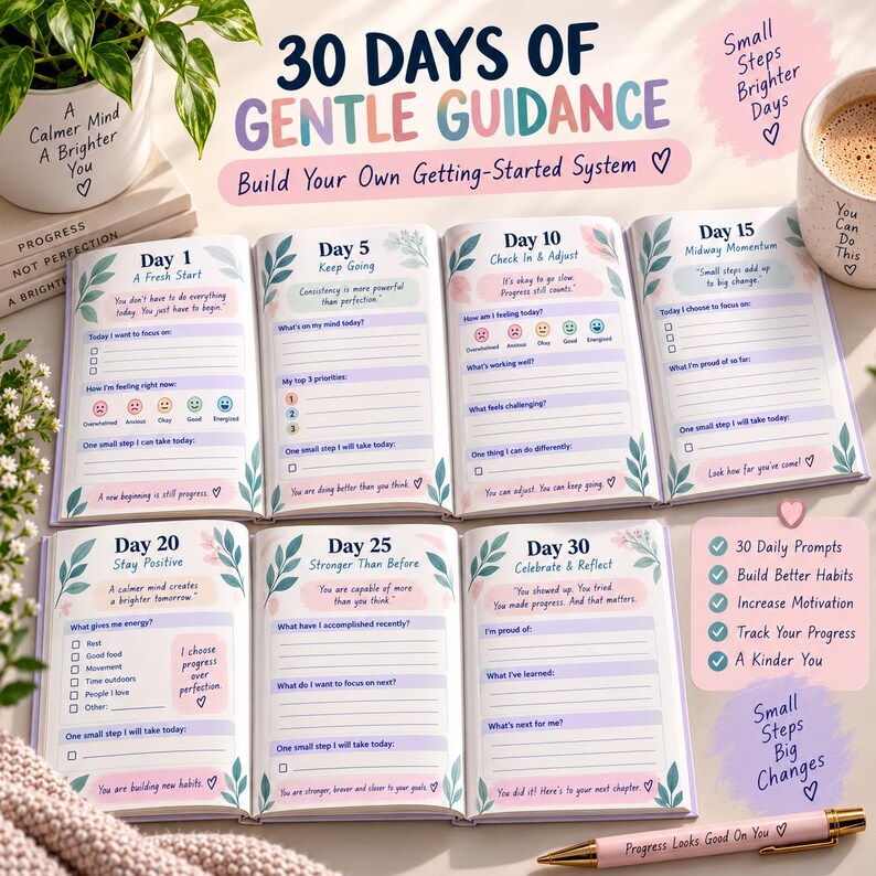 Op de afbeelding: Een 30-dagen dagboek getiteld 30 Days of Gentle Guidance, met dagelijkse prompts, gewoonte-trackers en reflectiepagina's. De open pagina's tonen de dagen 1, 5, 10, 15, 20, 25 en 30 met pastelkleurige bloemaccenten en gedrukte tekst.
