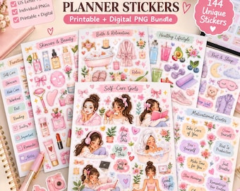 144-Piece Self Care Planner Stickers, Printable & Digital Bundle (PNGs)