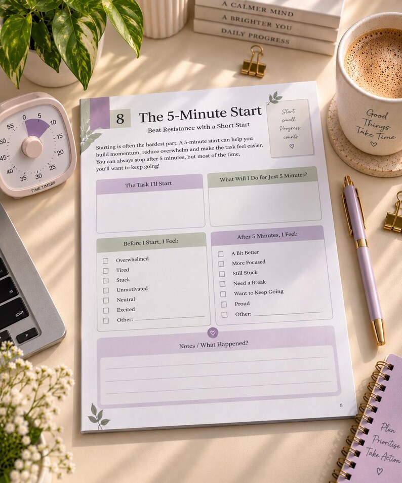 May include: A paper planner page titled The 5-Minute Start with sections for task planning, emotional check-ins before and after a five-minute interval, and a notes area. The layout features soft purple and green accents with checkboxes.