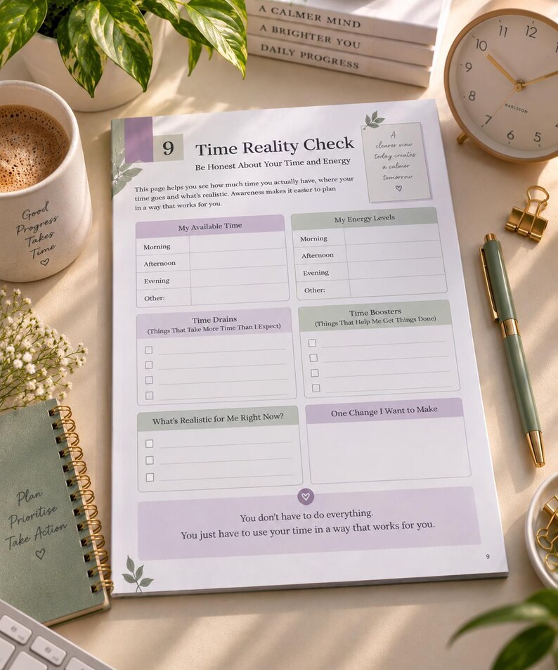 May include: A white paper planner page titled Time Reality Check with sections for My Available Time, My Energy Levels, Time Drains, Time Boosters, and What's Realistic for Me Right Now. The page features purple and green accents and text.