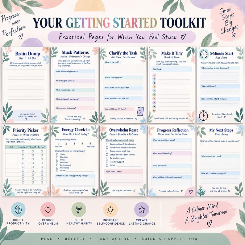 Op de afbeelding: Een planner-toolkit getiteld Your Getting Started Toolkit met tien afzonderlijke pagina's met pastelkleurige koppen en florale accenten. Elke pagina bevat prompts voor taken zoals Brain Dump, Stuck Patterns en Priority Picker.