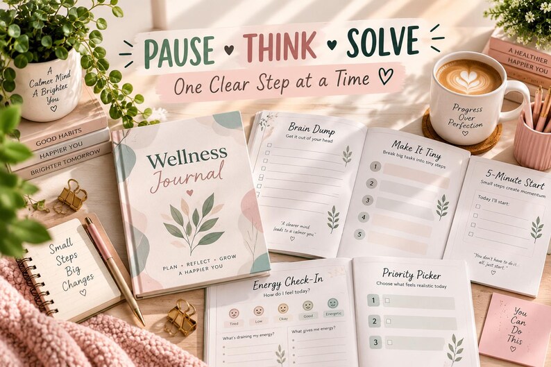 Op de afbeelding: Een wellness-dagboek met een pastelkleurige kaft met een plantillustratie, omringd door open pagina's met secties zoals Brain Dump, Make It Tiny en Energy Check-In. Een mok met de tekst Progress Over Perfection en een klein spiraalnotitieboekje met de tekst Small Steps Big Changes zijn zichtbaar, naast een banner met de tekst PAUSE THINK SOLVE One Clear Step at a Time.