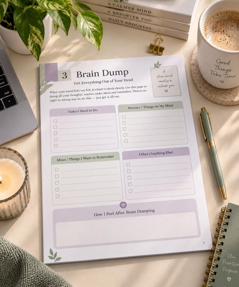 May include: A white paper planner page titled Brain Dump with sections for Tasks I Need to Do, Worries, Ideas, and Other. The page features soft purple and green accents, checkboxes, and lines for writing. It includes the text Get Everything Out of Your Head and a small box stating A clear mind creates a calmer you.