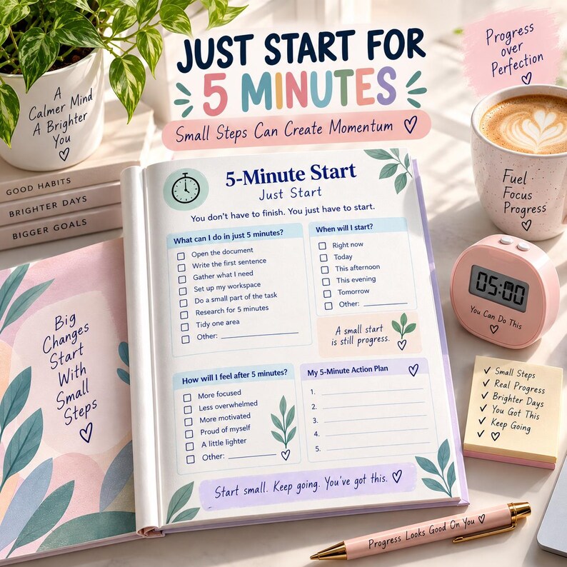 Op de afbeelding: Een open planner met een 5-Minute Start-pagina met checklists en prompts. Omringende items zijn een witte mok met tekst, een roze digitale timer die 05:00 aangeeft, een memoblaadje met tekst en een pen met het opschrift Progress Looks Good On You.