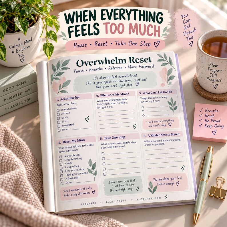 Op de afbeelding: Een open plannerpagina getiteld Overwhelm Reset met zes genummerde secties voor zelfreflectie, inclusief selectievakjes en prompts zoals Acknowledge en Take One Step. De pagina bevat zachte bloemillustraties en pastelkleurige accenten.