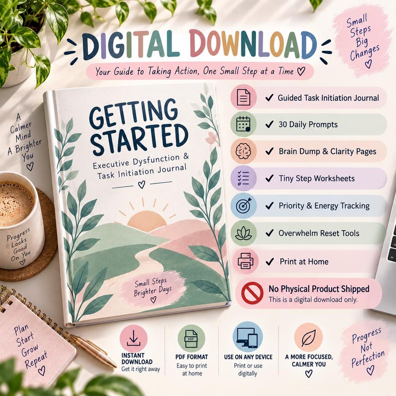 Op de afbeelding: Een digitaal dagboek getiteld Getting Started Executive Dysfunction & Task Initiation Journal. De omslag toont een zonsopganglandschap met groene heuvels en bladeren. Het bevat een lijst met functies zoals dagelijkse prompts en werkbladen.