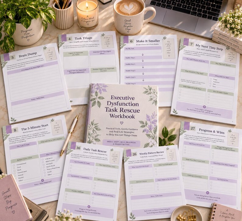 May include: An Executive Dysfunction Task Rescue Workbook with a floral cover, surrounded by several printed planning sheets including Brain Dump, Task Triage, Make It Smaller, My Next Tiny Step, The 5-Minute Start, Daily Task Rescue, and Progress & Wins.