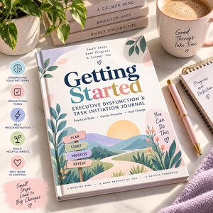 May include: A hardback book titled Getting Started Executive Dysfunction & Task Initiation Journal with a landscape illustration of hills and a sun. The cover features text including Small Steps Real Progress A Calmer You and You Can Do This.