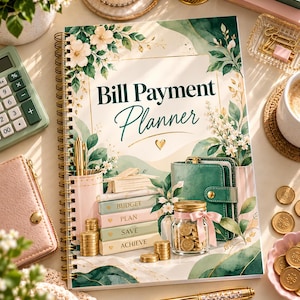 Puede incluir: Un planificador de pagos de facturas con encuadernación en espiral y cubierta color crema con ilustraciones en acuarela de hojas verdes, flores blancas y un corazón dorado. La portada muestra libros etiquetados como Budget, Plan, Save, Achieve y un frasco.