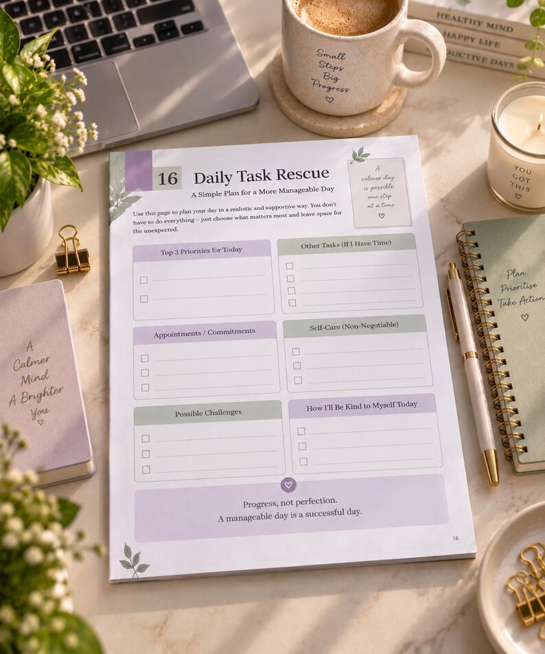 May include: A Daily Task Rescue planner page featuring sections for Top 3 Priorities, Appointments, Other Tasks, Self-Care, Possible Challenges, and How I'll Be Kind to Myself Today, with the text Progress, not perfection. A manageable day is a successful day.