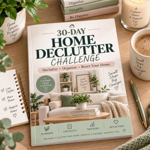 Peut inclure: Un livre à couverture souple intitulé 30-Day Home Declutter Challenge avec une couverture montrant un intérieur de salon, un cercle vert avec du texte et une bannière inférieure listant planificateurs, listes, suivis et réflexion.
