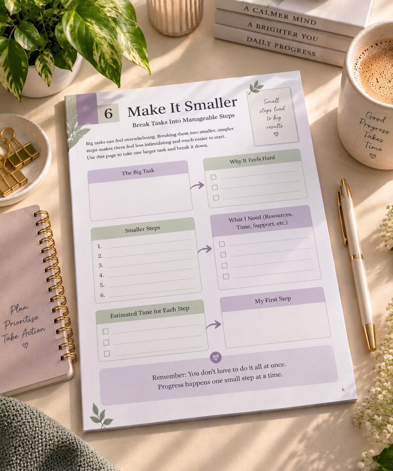 May include: A printed planner page titled Make It Smaller with sections for breaking down tasks into manageable steps. The page features light purple and green accents, checkboxes, and text prompts for planning, prioritising, and taking action.
