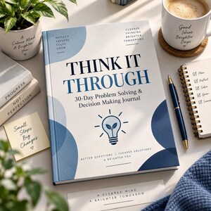 Könnte beinhalten: Ein weißes Journal mit dem Titel Think It Through 30-Day Problem Solving & Decision Making Journal mit blauen kreisförmigen Akzenten und einem Glühbirnensymbol. Das Cover enthält Text wie Reflect Explore Solve Grow und Better Questions Clearer Solutions A Brighter You.