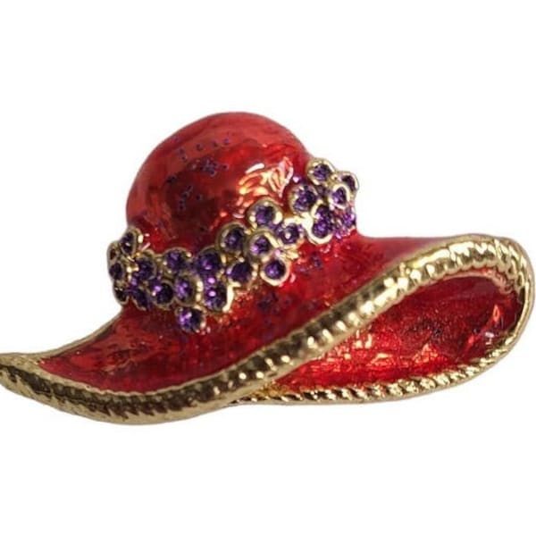 Vintage brooch, pin, Red Hat Society, Goldtone band, rhinestones, Red hat, Vintage jewelry