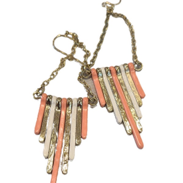 Vintage earrings, Pierced, Dangles, Goldtone chain, Coral, White, Metal strips, Vintage jewelry