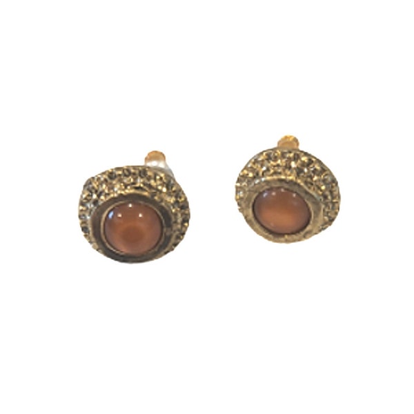 Vintage earrings, Round,Small, Studs, Amber, Rhinestone, Goldtone trim, Vintage jewelry