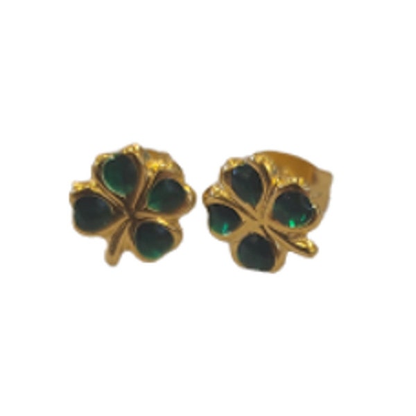 Vintage earrings, Studs, 4 leaf clover, Goldtone, Green, Rhinestones, Vintage jewelry