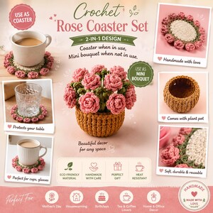 Juego de posavasos de rosas de ganchillo hechos a mano, maceta con ramo de flores 2 en 1, decoración de mesa estilo cottagecore
