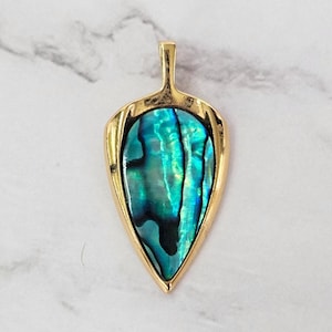Vintage Abalone Shell Inlay Pendant Gold Tone Bezel 1970s Boho Teal Blue Leaf